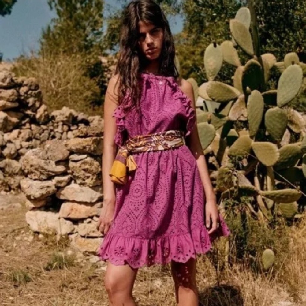 Sezane NASTA Dress Magenta / Orchid Cotton Eyelet Dress